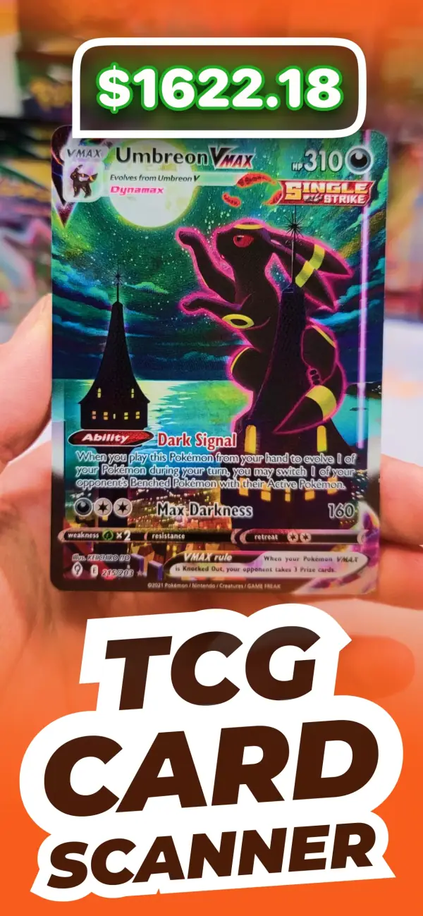 Imagen promocional de una carta Umbreon VMAX con una etiqueta de precio