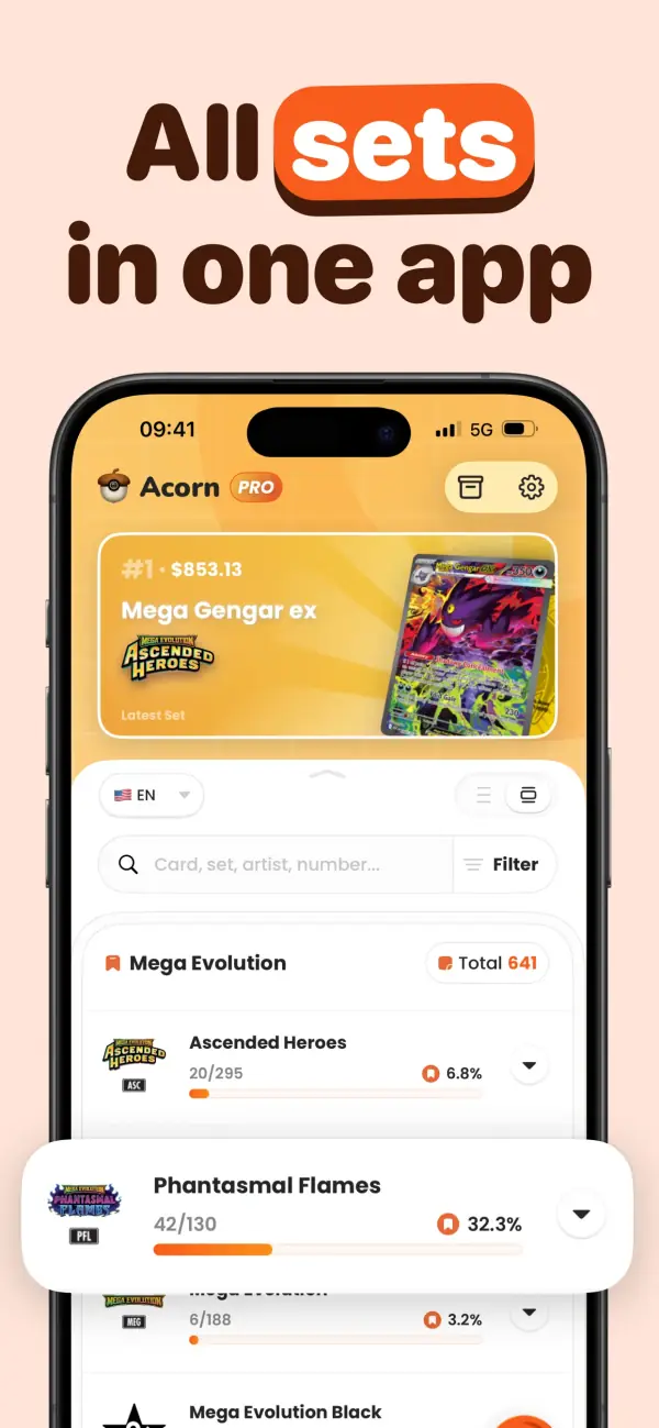 Pantalla con expansiones de Pokémon TCG y el progreso de la colección
